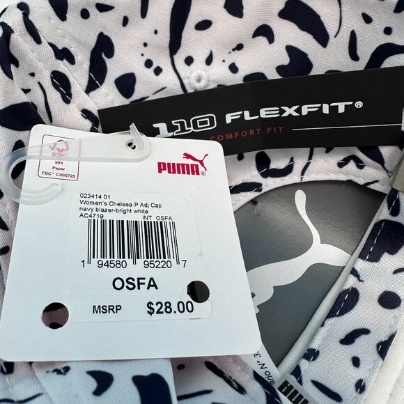 PUMA Womens Chelsea Allover Print FlexFit Adjustable Golf Hat, OSFA,‎ White/Navy - Picture 11 of 12